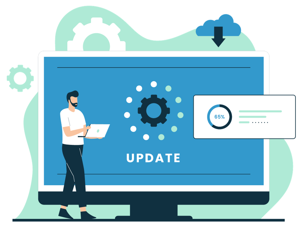 Our Magento Versions & Patch Upgrade Process (& Why it Matters) graphic of a man stood in front of a computer screen, displaying a magento versions update running