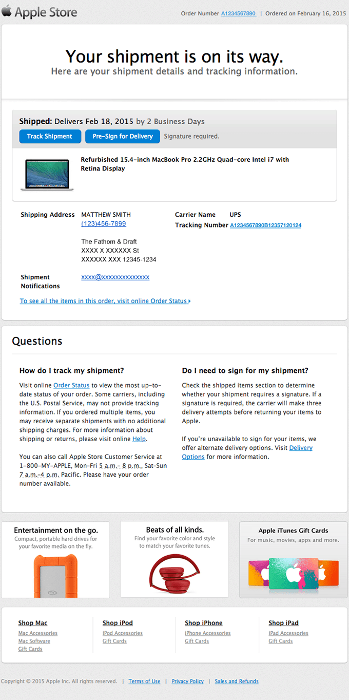 Shipping notification email marketing example: Apple