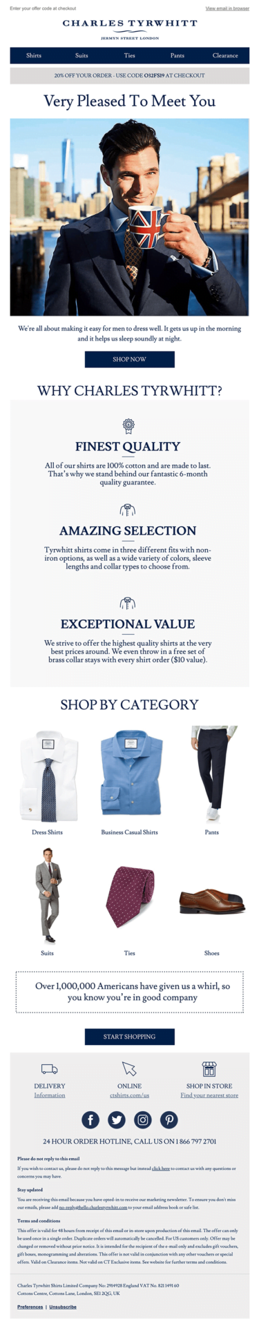 Welcome email marketing example: Charles Tyrwhitt