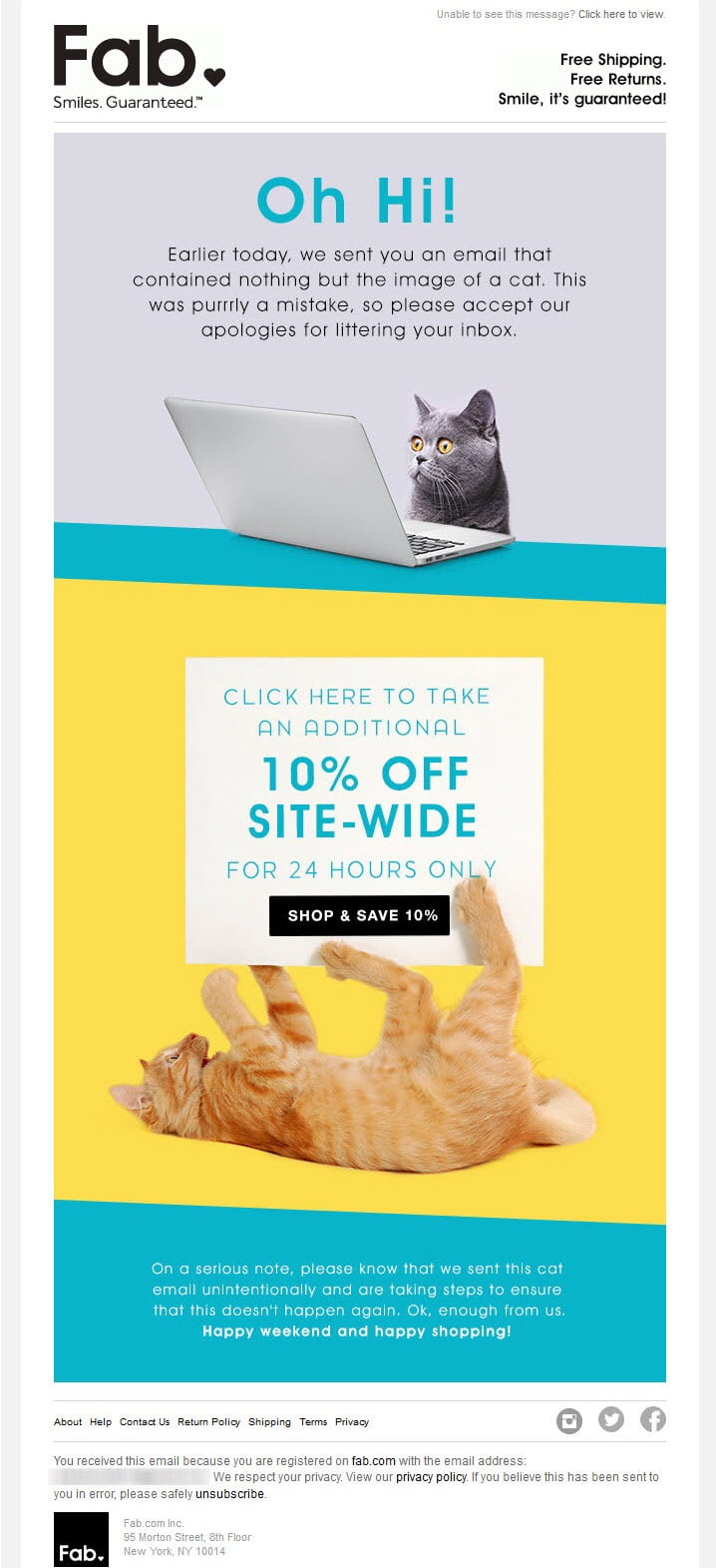 Apology email marketing example: Fab