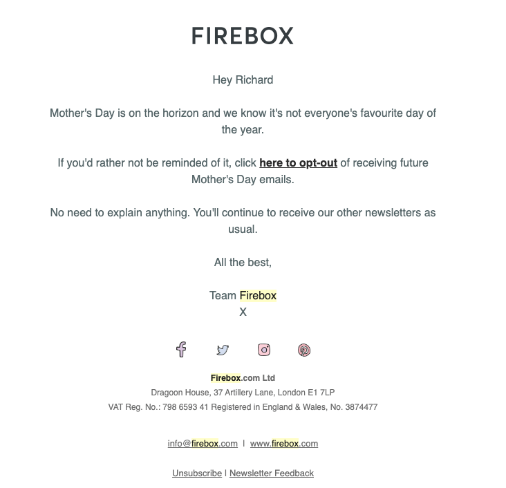 The thoughtful email marketing email from Firebox