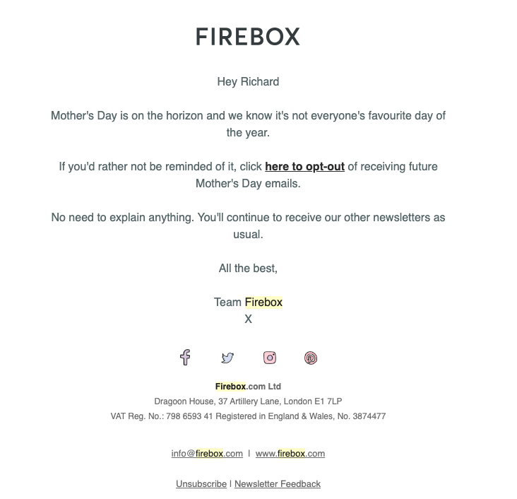 The thoughtful email marketing email from Firebox
