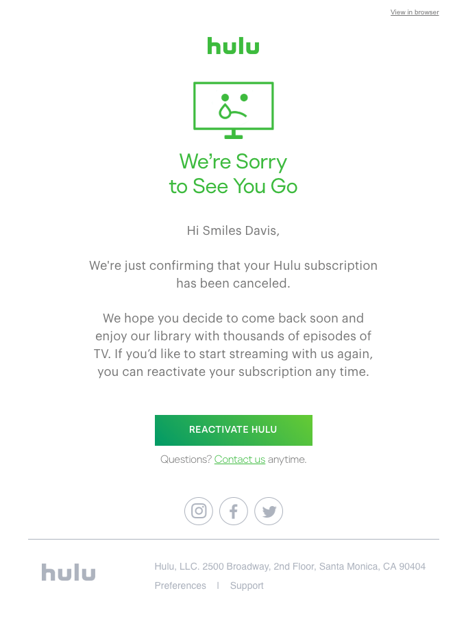 Notification email marketing example: Hulu