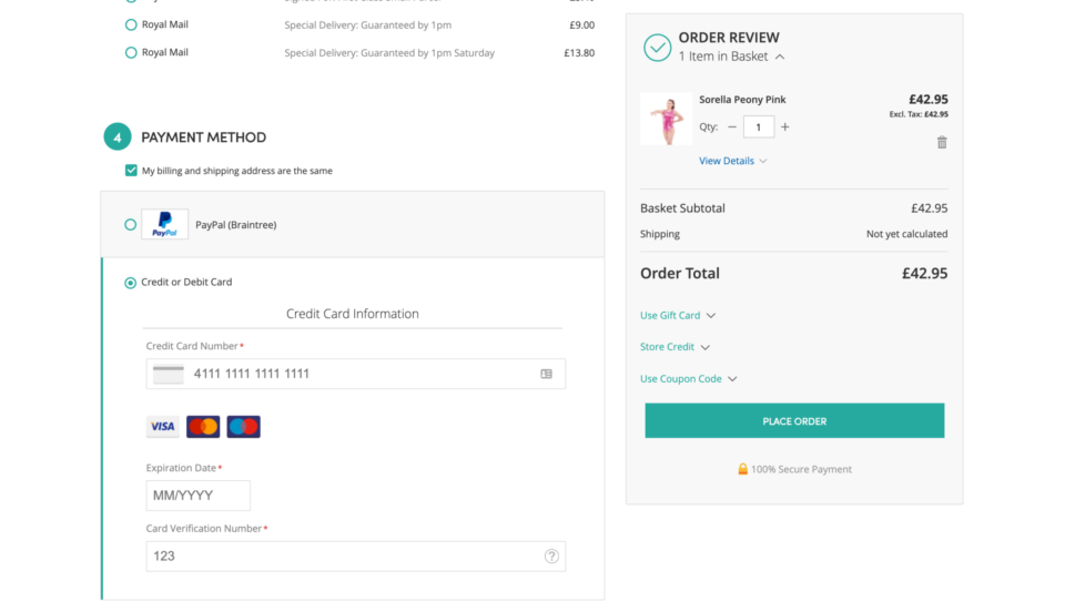 The Best Payment Gateways for Magento 2 (updated for 2022) Braintree credit card window on Magento 2 checkout page