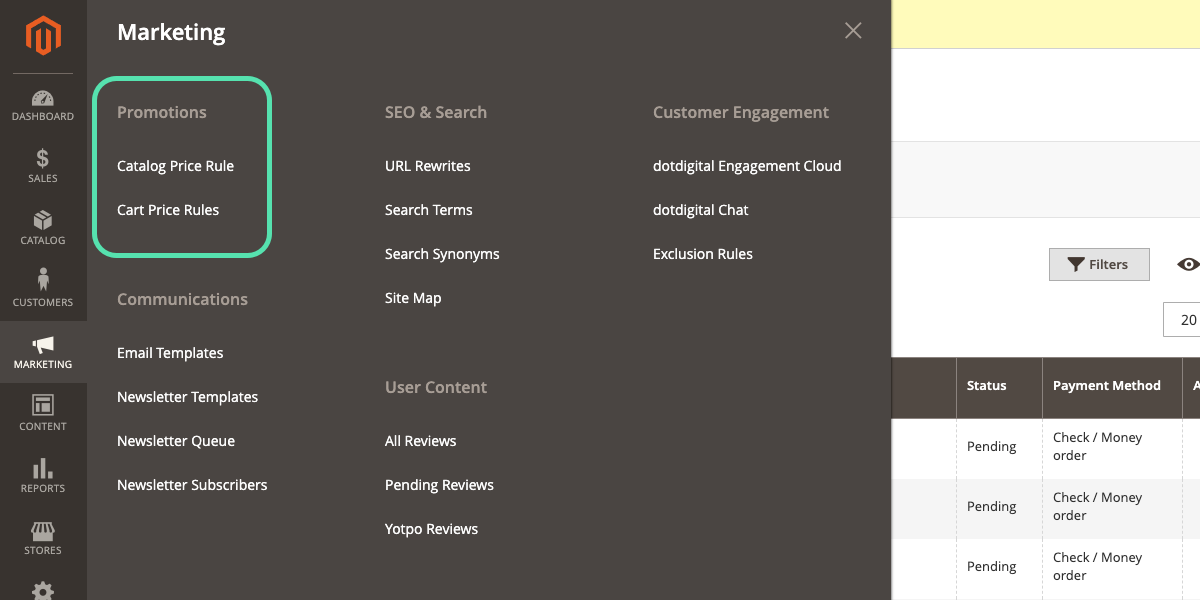 How to use catalogue price rules & cart price rules in Magento (Adobe Commerce) Catalog and Cart Rules can be found under Marketing in the Magento Admin sidebar