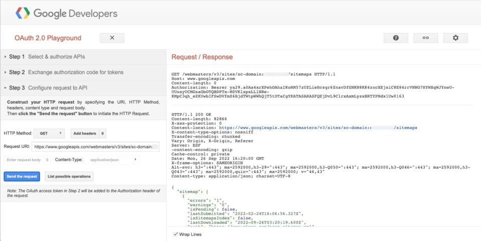 Do a test fetch a list of all of the sitemaps via the API