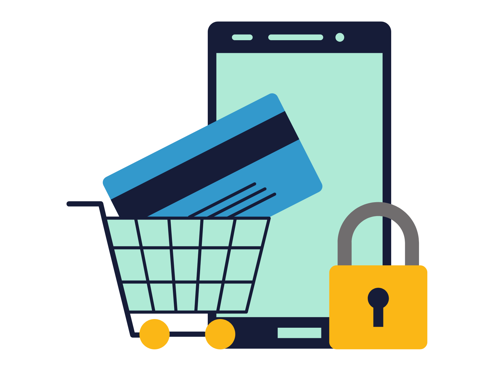 graphic of a credit card, smartphone and shopping trolley