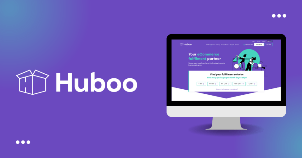 a mockup showing the Huboo homepage on a mac display screen