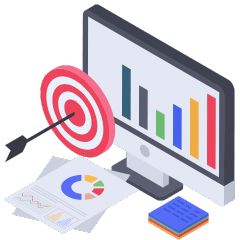 graphic of a computer screen bar chart and an arrow hitting a target