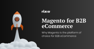 graphic of a rocket with the magento b2b logo, taking off