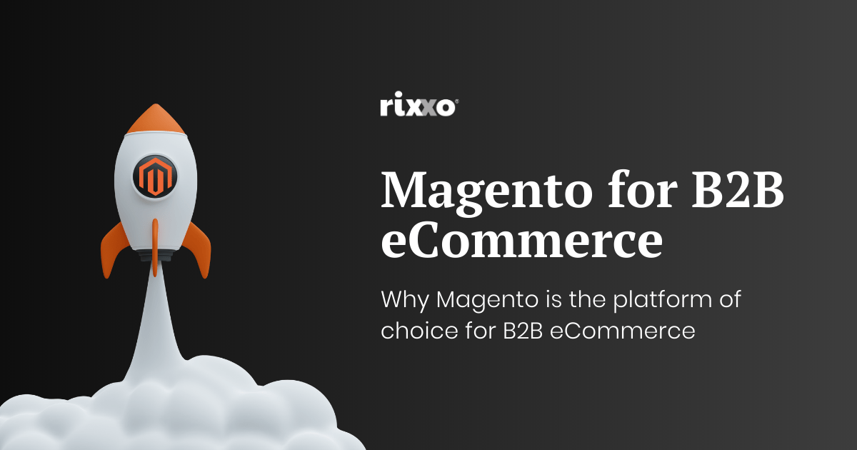 Magento B2B eCommerce graphic of a rocket with the magento b2b logo, taking off