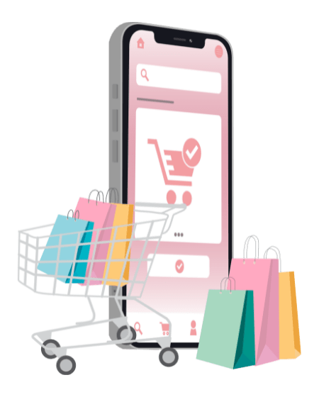 Graphic of a smartphone, shopping bags and a shopping trolley to represent a B2B eCommerce website