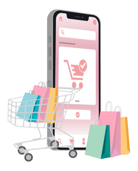 The Future of B2B eCommerce: How ERP Integration is Changing the Game Graphic of a smartphone, shopping bags and a shopping trolley to represent a B2B eCommerce website